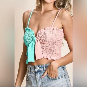 BiBi Woven Color Block Smocked with Ribbon Bra Top